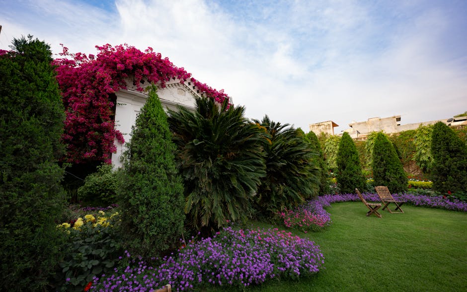 Khu vườn tươi tốt với hoa và cây xanh rực rỡ dưới bầu trời xanh.